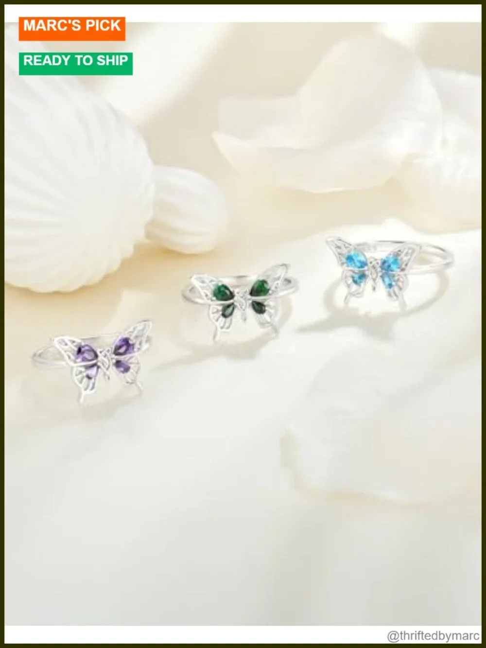 Sterling Silver 18K White Gold Plated Butterfly Birthstone Statement Band Ring